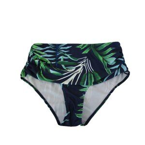 Bikini Swim Bottom Size XL Hawaiian Aloha Navy Print High-Waist Drape Front NWOT